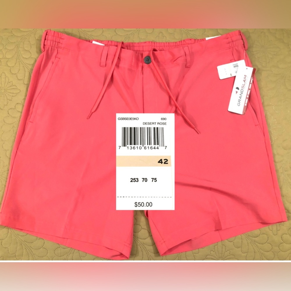 NEW.MEN SIZE 42”WAIST GRAND SLAM PERFORMANCE 8” INSEAM GOLF SHORTS.(DESERT ROSE)